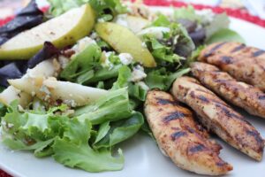 Balsamic Chicken with Pear Walnut Gorgonzola Salad