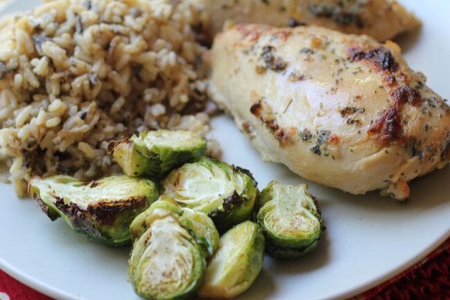 Chicken with Wild Rice and Roasted Brussels Sprouts