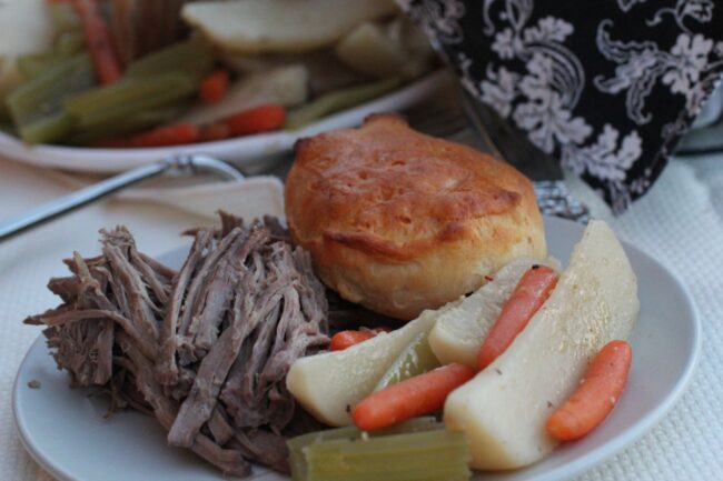 Slow Cooker Beef Roast &Vegetables with Country Biscuits