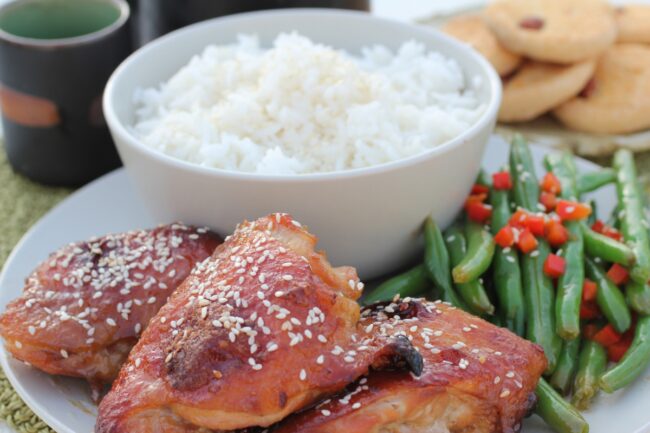 Sesame Baked Chicken &Thai Coconut Rice with Peppered Green Beans