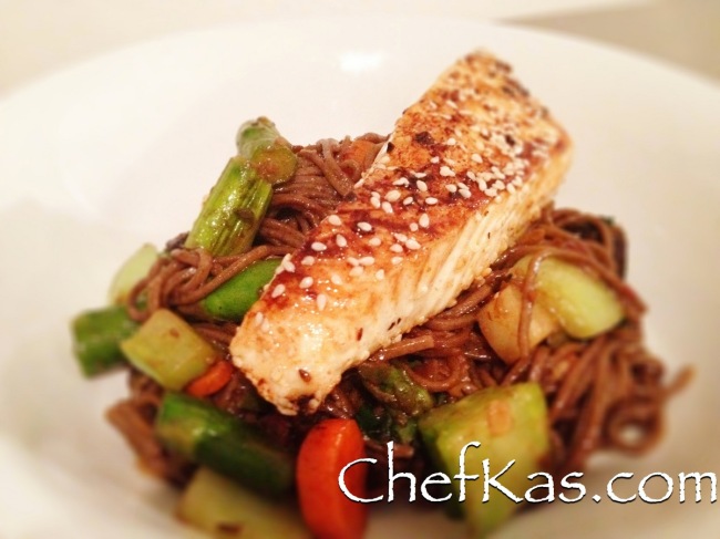 Seared Soy Ginger Salmon with Vegetable Soba Noodles